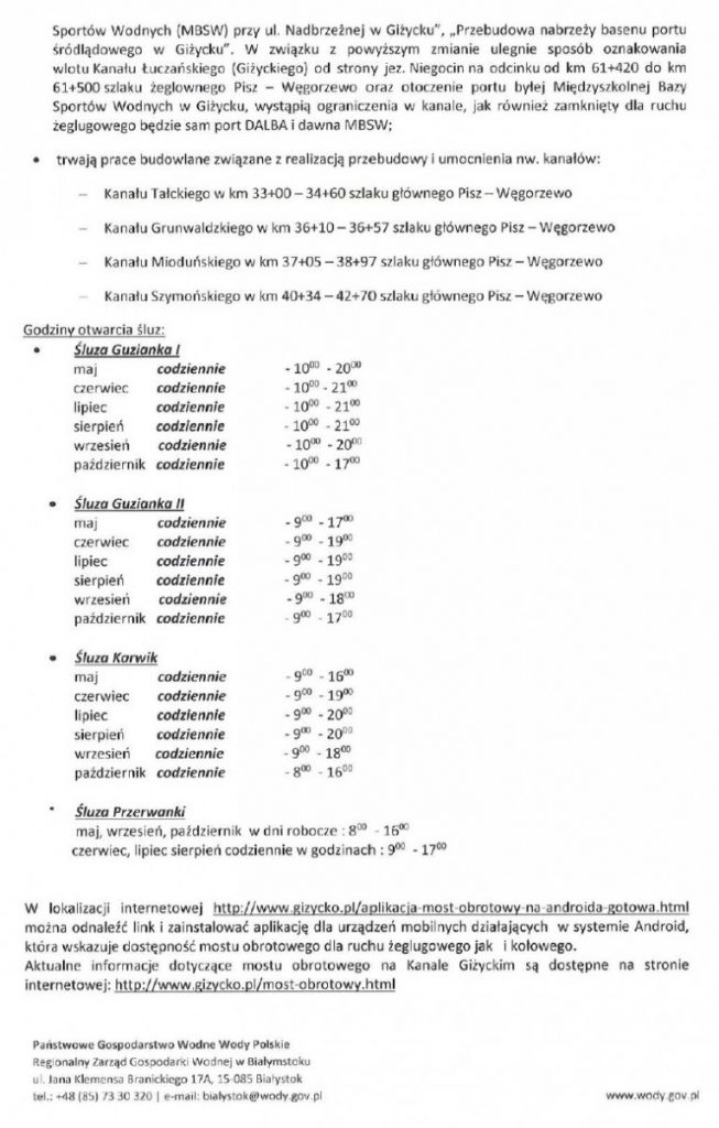 skan komunikatu nawigacyjnego dotyczącego otwarcia szlaku wjm
