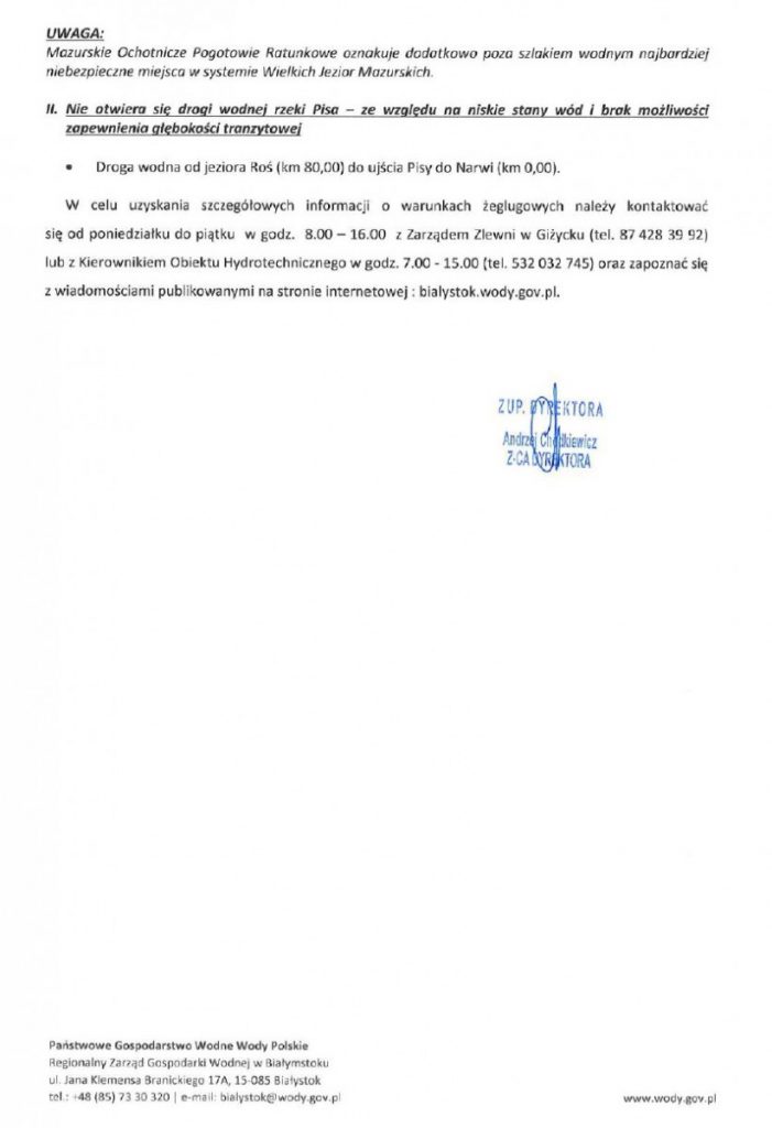 skan komunikatu nawigacyjnego dotyczącego otwarcia szlaku wjm