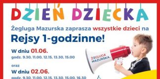 plakat - rejsy Żeglugi Mazurskiej na Dzień Dziecka