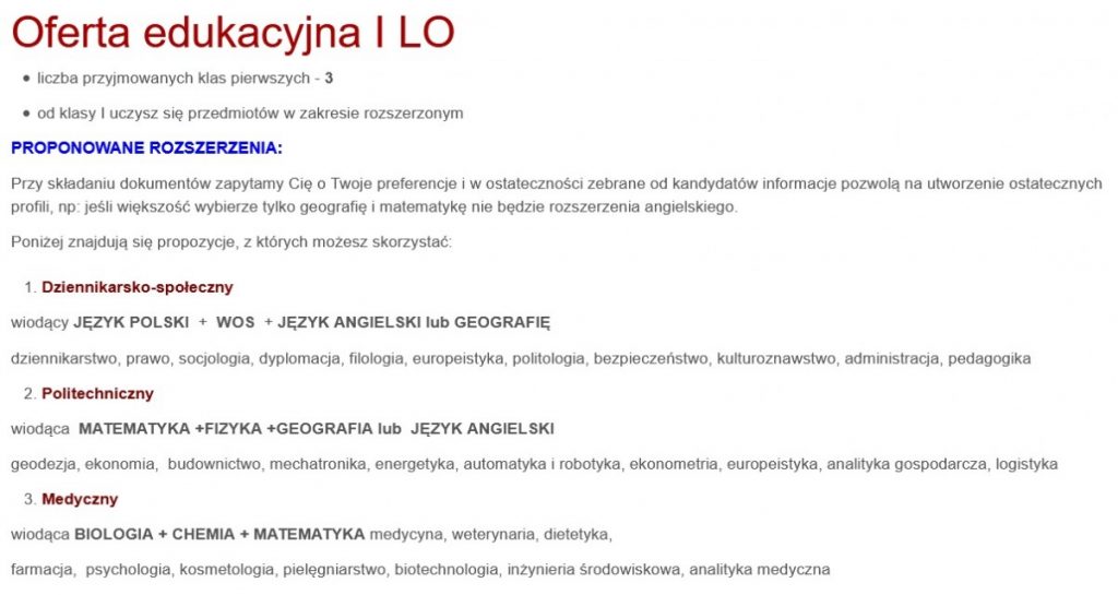 Oferta edukacyjna I LO