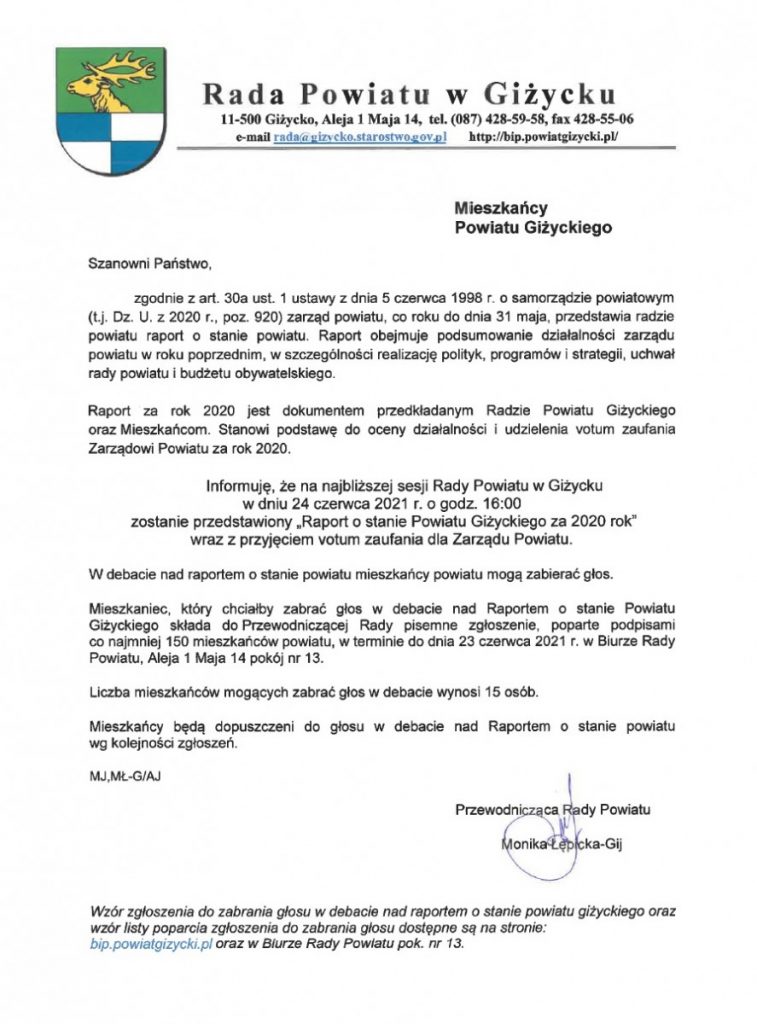 skan pisma dotyczącego raportu o stanie powiatu giżyckiego za rok 2020