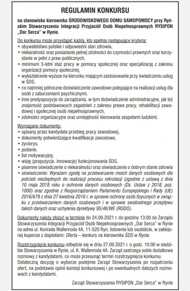 nabór na stanowisko kierownika środowiskowego domu samopomocy w rynie
