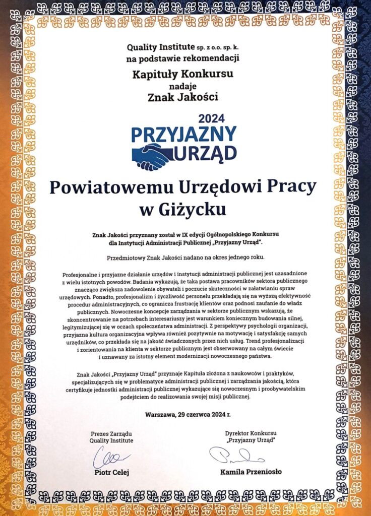 certyfikat PUP w Giżycku