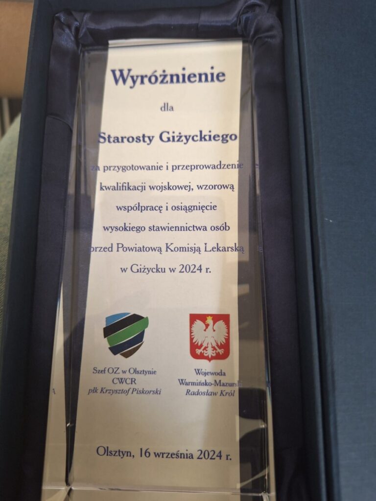 Wyróżnienie dla Starosty Giżyckiego za przygotowanie i przeprowadzenie kwalifikacji wojskowej